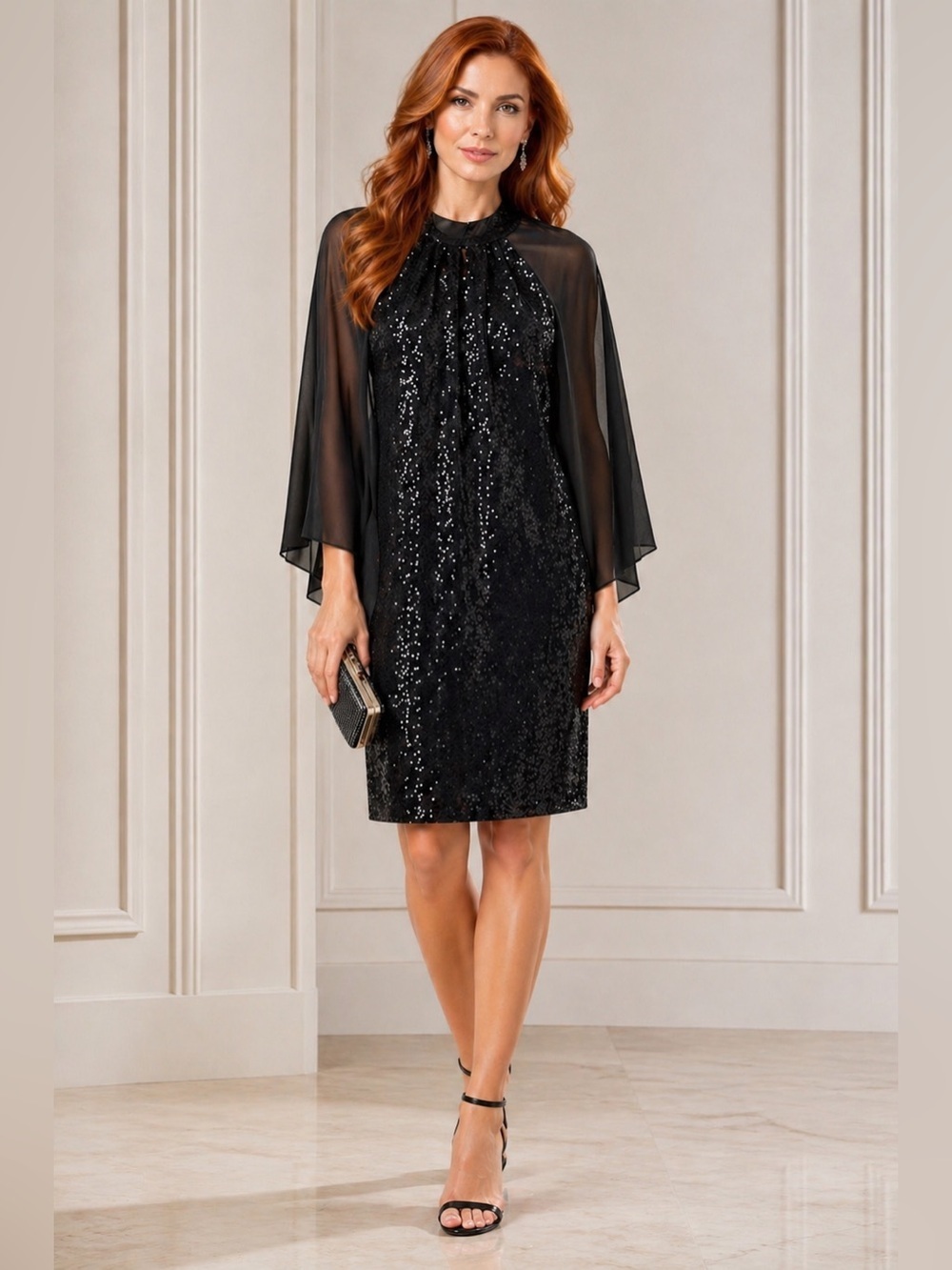 NWT NW Nightway Black Sequin Halter Style Dress With Shear Cape Overlay Size 4